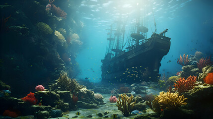 Fototapeta na wymiar Beautiful underwater world with shipwreck and coral reef. 3d render