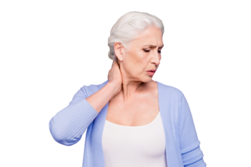 Gray haired old beautiful caucasian woman wearing casual suffering from neck pain, touching neck, closed eyes. Isolated over violet pastel background