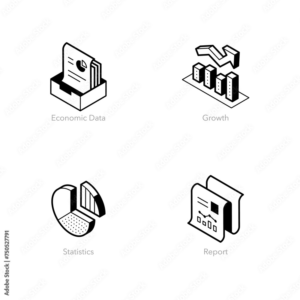 Poster simple set of isometric line icons for economic results. contains such symbols as economic data, gro