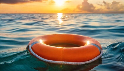 orange lifebuoy floating at sea sunset sunrise wide horizontal banner - obrazy, fototapety, plakaty
