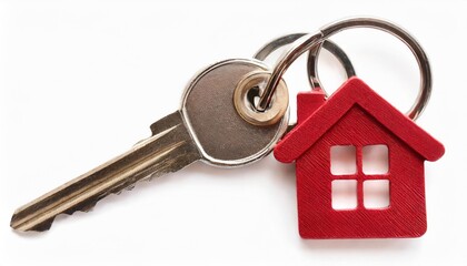 house keys with house shaped keychain isolated on white background