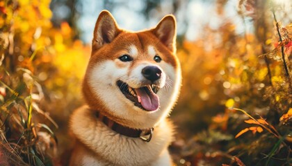 captivating portrait of a smiling shiba inu dog in a cozy yellow orange environment