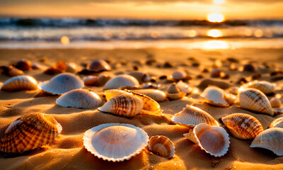 shells on the beach against the backdrop of the sea. Selective focus.
