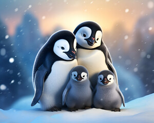 Penguins family on the snow in winter. 3D illustration.
