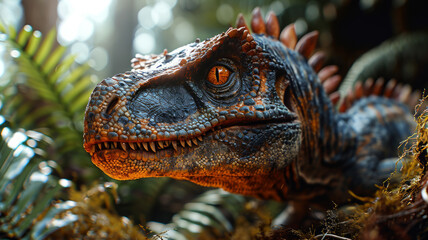 A dinosaur with an orange and grey color scheme, standing on a bed of green moss surrounded by...