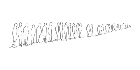 Group of people standing in queue, continuous one line drawing. Crowd of people silhouette waiting in line. Minimalist simple linear style. Vector outline