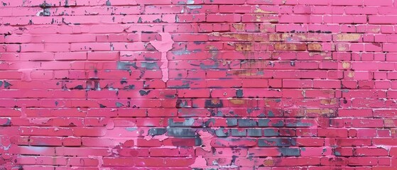 This distressed pink brick wall, with its peeling paint and worn surface, tells a rich story of urban texture and the passage of time.