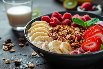 Bowl of baked granola and sliced fruits. Dieting food and healthy breakfast concept. Close up photo of muesli flakes with berries and cup of milk