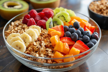 Bowl of baked granola and sliced fruits. Dieting food and healthy breakfast concept. Close up photo of muesli and berries