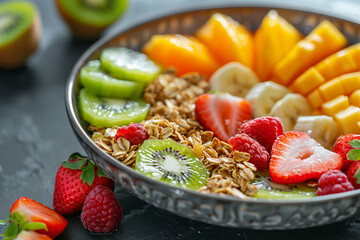 Bowl of granola and sliced fruits. Dieting food and healthy breakfast concept. Close up photo