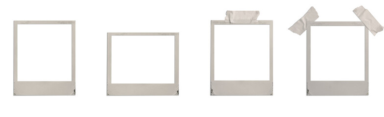 A set of old real polaroid frames with worn corners and edges in various formats, with and without adhesive tape, on an isolated transparent background. PNG