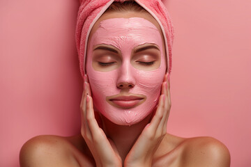 Close up photo of woman with cosmetic face mask on her face. Young beautiful woman in towel on pink background and copy space for text, cosmetology spa concept