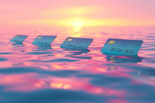 Beautiful sunset over the ocean with multiple credit cards floating on the water, 3d rendering concept