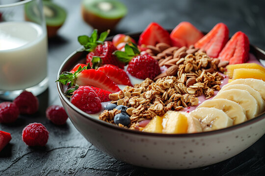 Bowl of baked granola and berries. Close up photo of muesli flakes with sliced fruits and cup of milk. Dieting food and healthy breakfast concept