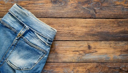 blue denim trousers on old wooden board horizontal retro backdrop with light blue color denim jeans and brown wood plank
