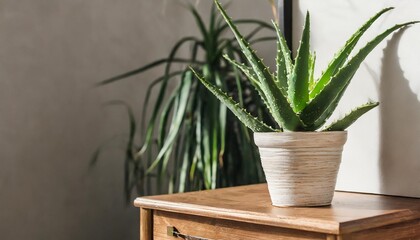 green aloe vera in pot on chest of drawers indoors space for text