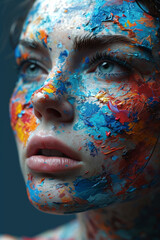 A woman with blue, red, and orange paint on her face and body looks into the distance.