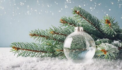 Fototapeta na wymiar christmas minimalist still life with snowy fir branches and transparent christmas ball on light background winter or christmas festive concept