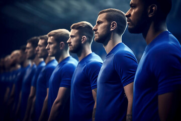 mens soccer football players pre-match line up waiting in the build up before a game as the national anthems are played and the match tension builds before tournament cup league blue kit