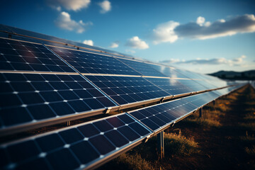 Solar panel, photovoltaic, alternative electricity source - concept of sustainable resources. Low angle view - 750528934