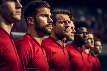 A pre-match line up of mens soccer football players waiting in the build up before a game as the national anthems are played and the match tension builds before tournament cup league red white kit - obrazy, fototapety, plakaty