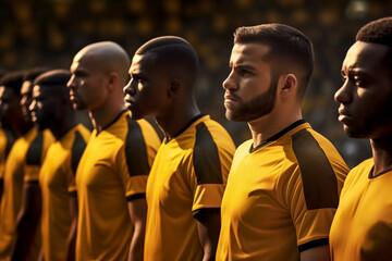 A pre-match line up of mens soccer football players waiting in the build up before a game as the national anthems are played and the match tension builds before tournament cup league yellow kit - obrazy, fototapety, plakaty