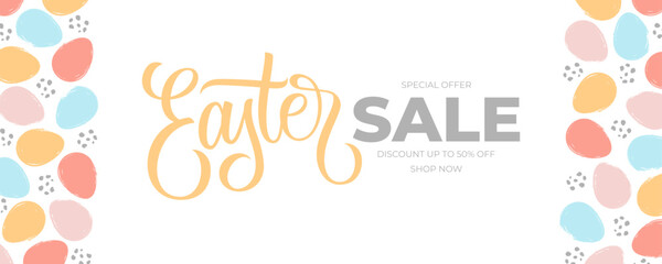 Easter Sale banner. Hand lettering with color brush stroke Easter eggs. Easter Sale commercial background for seasonal shopping and sale advertising. Vector illustration.