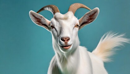 white goat jumps on isolated blue cyan background