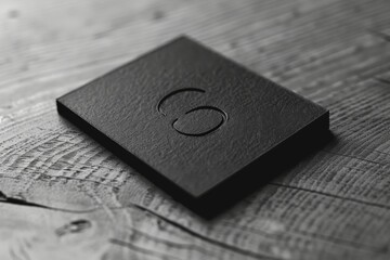 sleek black business card sits on a worn wooden table