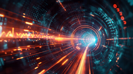 Abstract concept of a data tunnel in cyberspace, with glowing binary code and the idea of high-speed information transfer.