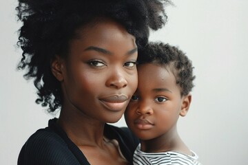 studio fashion shot of natural beauty African American perfect skin woman with son
