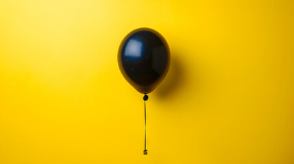 A black balloon with a string attached to it on a y - obrazy, fototapety, plakaty