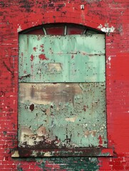 A red brick wall with a sealed arched window, showcasing the interplay of peeling green paint and red bricks. This image captures the beauty of decay and the passage of time on urban structures.
