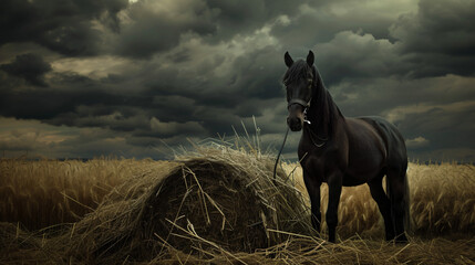 A black horse with dark sky standing - obrazy, fototapety, plakaty