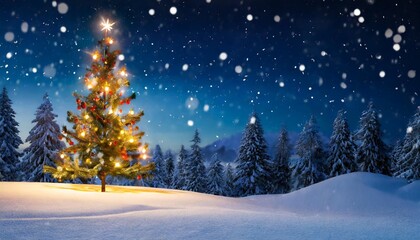 christmas tree in winter landscape with snow and lights 3d rendering beautiful christmas night merry christmas and new year concept