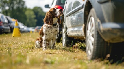 A photo of a sitting English Spaniel dog sniffing a car in search of substances. Nosework competitions. Training the dog's sense of smell in transport - obrazy, fototapety, plakaty
