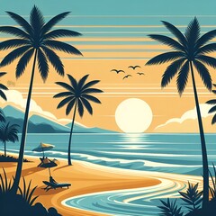 Summer nature landscape poster, cover, card set with sea view, sunny beach, mountains, fields.Sunset on beach with palms, trees and sea. sunset on beach with palms, trees and sea