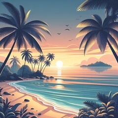 Fototapeta na wymiar Summer nature landscape poster, cover, card set with sea view, sunny beach, mountains, fields.Sunset on beach with palms, trees and sea. sunset on beach with palms, trees and sea