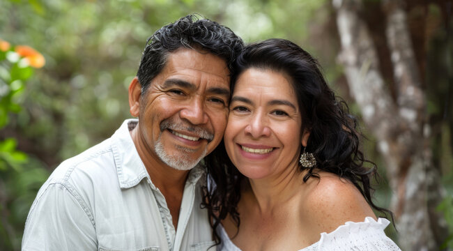 Mature, couple and portrait of a man and woman posing together for love, bonding and dating. Happy, hispanic and romantic people radiating positivity outdoors for content, happiness and exploration