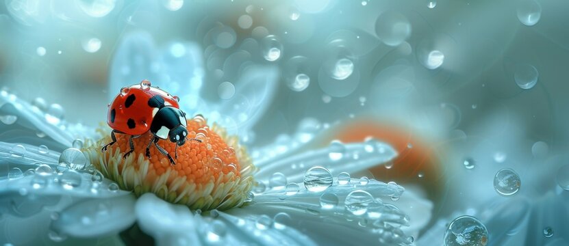 Beautiful ladybug sitting on a daisy flower with delicate water droplets on its petals captured in nature closeup shot