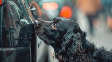 Photo of an English Spaniel dog sniffing a car doing a job searching for substances. Nosework competitions. Training of the dog's sense of smell in transport