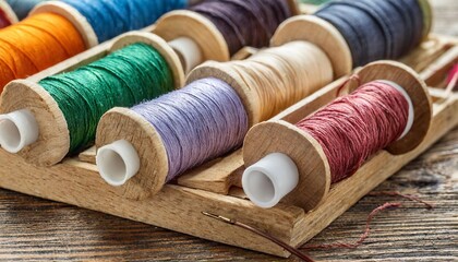 Fototapeta na wymiar set of colored threads on wooden spools