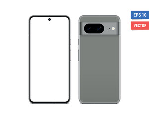 Realistic vector flat Google Pixel 8 mockup with blank screen isolated on white background. Scale image any resolution - obrazy, fototapety, plakaty