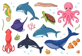 Undersea animals set in flat style. Underwater wild life creatures blue whale, clown fish, dolphin, killer whale, moray, octopus, sea horse, squid, stingray, turtle. Vector illustration.