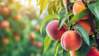 ripe peaches hanging on a peach tree branch in sunny garden orchard background copy space illustration