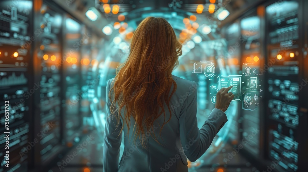 Poster office woman wears suit using pocket computer touching infographic hologram around the body. generat