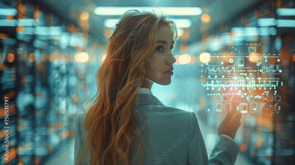 Poster office woman wears suit using pocket computer touching infographic hologram around the body. generat