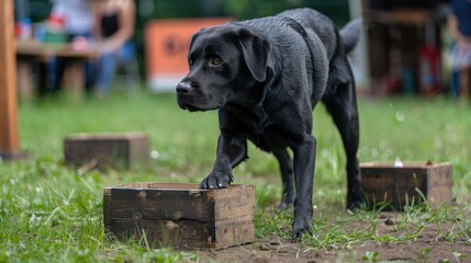 A photo of a black Labrador Retriever dog sniffing wooden crates in search of substances. Nosework competitions. Training a dog's sense of smell on objects