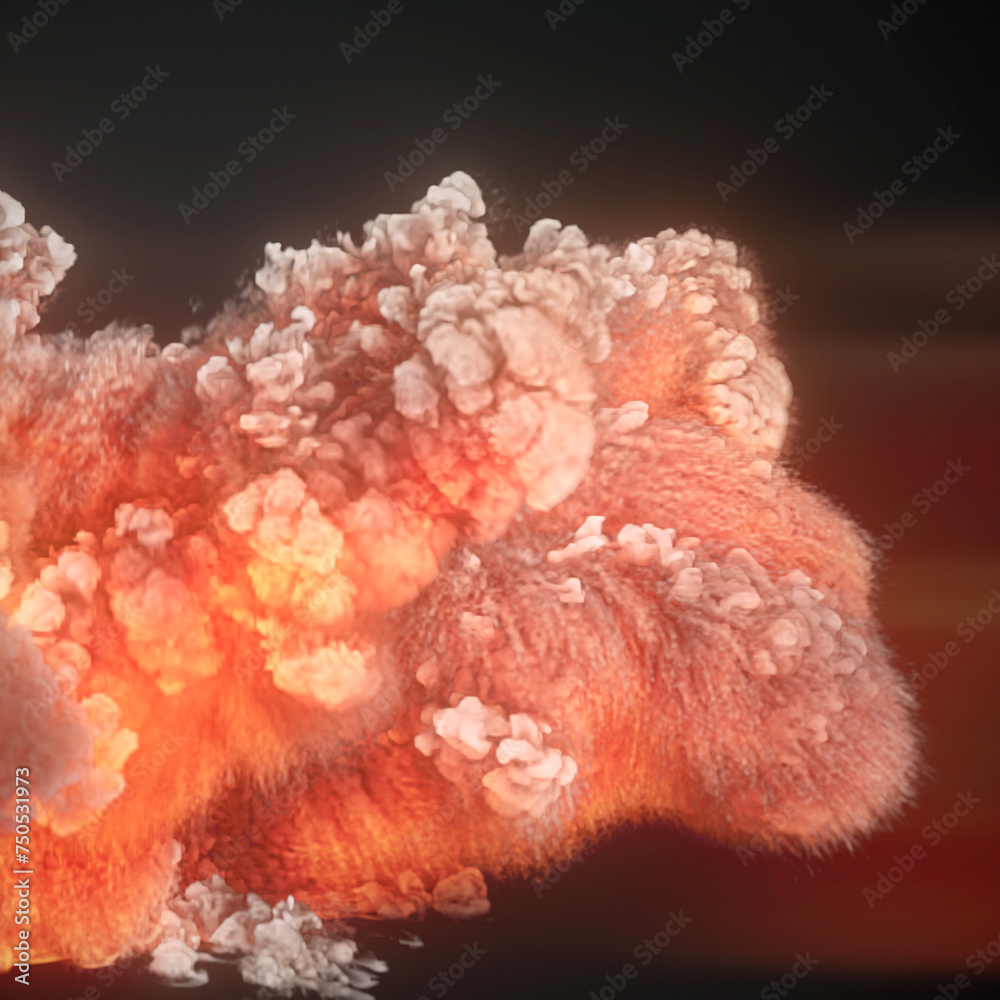 Poster Huge waves of giant fire explosion with red-orange swirls of flame. 3d rendering background. Digital illustration