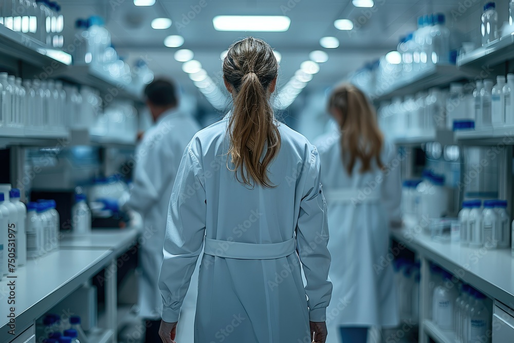 Poster scientists in lab coats working at pharmaceutical quality control laboratory. generative ai.